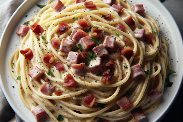 Krämig pasta carbonara med en twist av rökig pancetta och färskt rosmarin